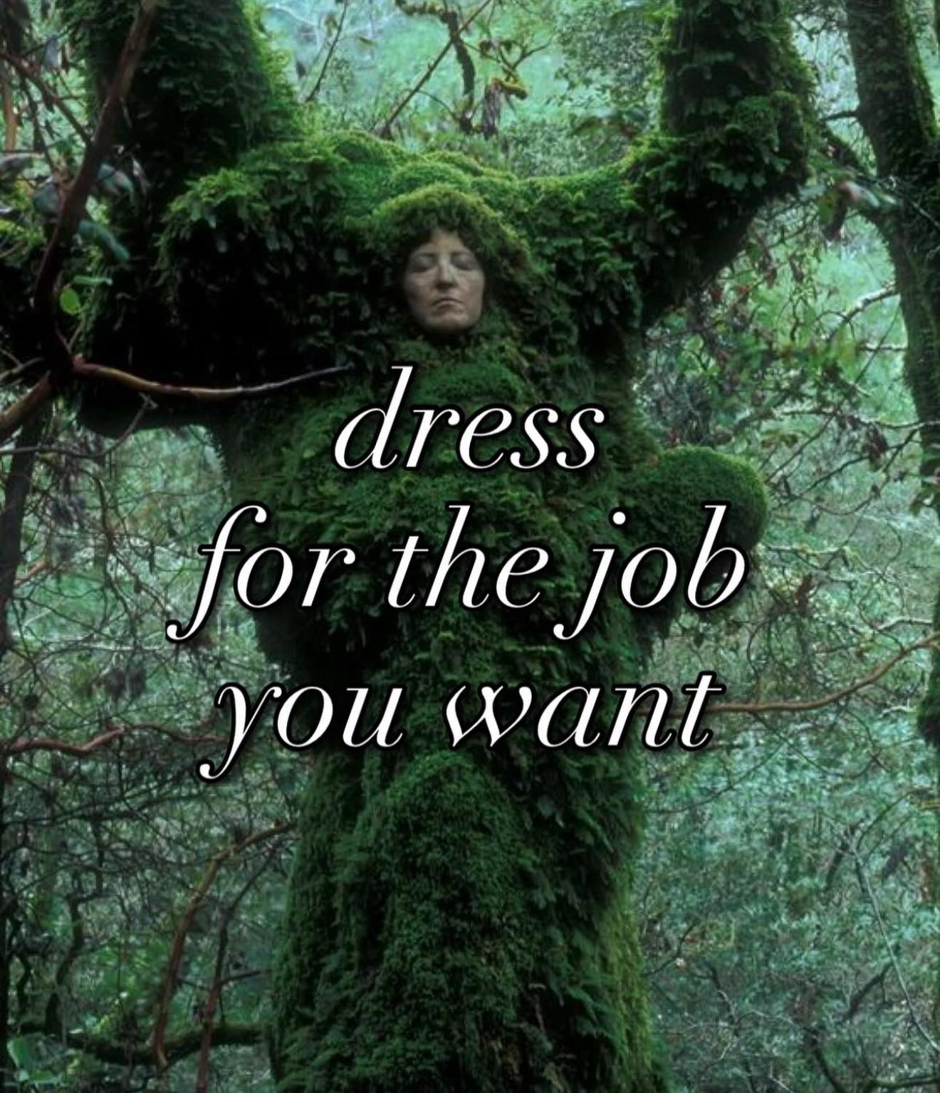 The meme features a person covered in moss and leaves, with the phrase "dress for the job you want" superimposed over them. The image is likely intended to be humorous, suggesting that the person is so dedicated to their role as a "tree" that they've taken it to an absurd extreme. The phrase is a play on the common advice to "dress for the job you want," but in this case, it's taken literally.